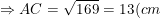 \small \Rightarrow AC=\sqrt{169}=13(cm)